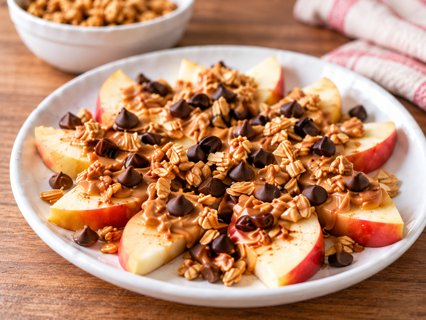 Apple nachos with granola and chocolate chips