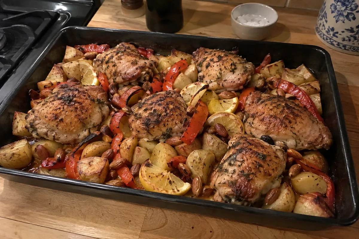 Illustrative image of chicken, pepper & almond traybake