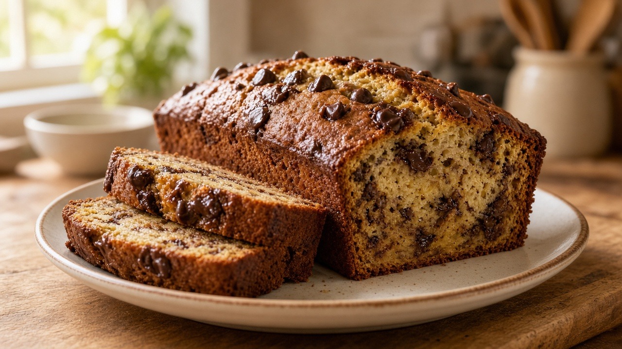 Chocolate chip banana bread loaf with two slices on a plate