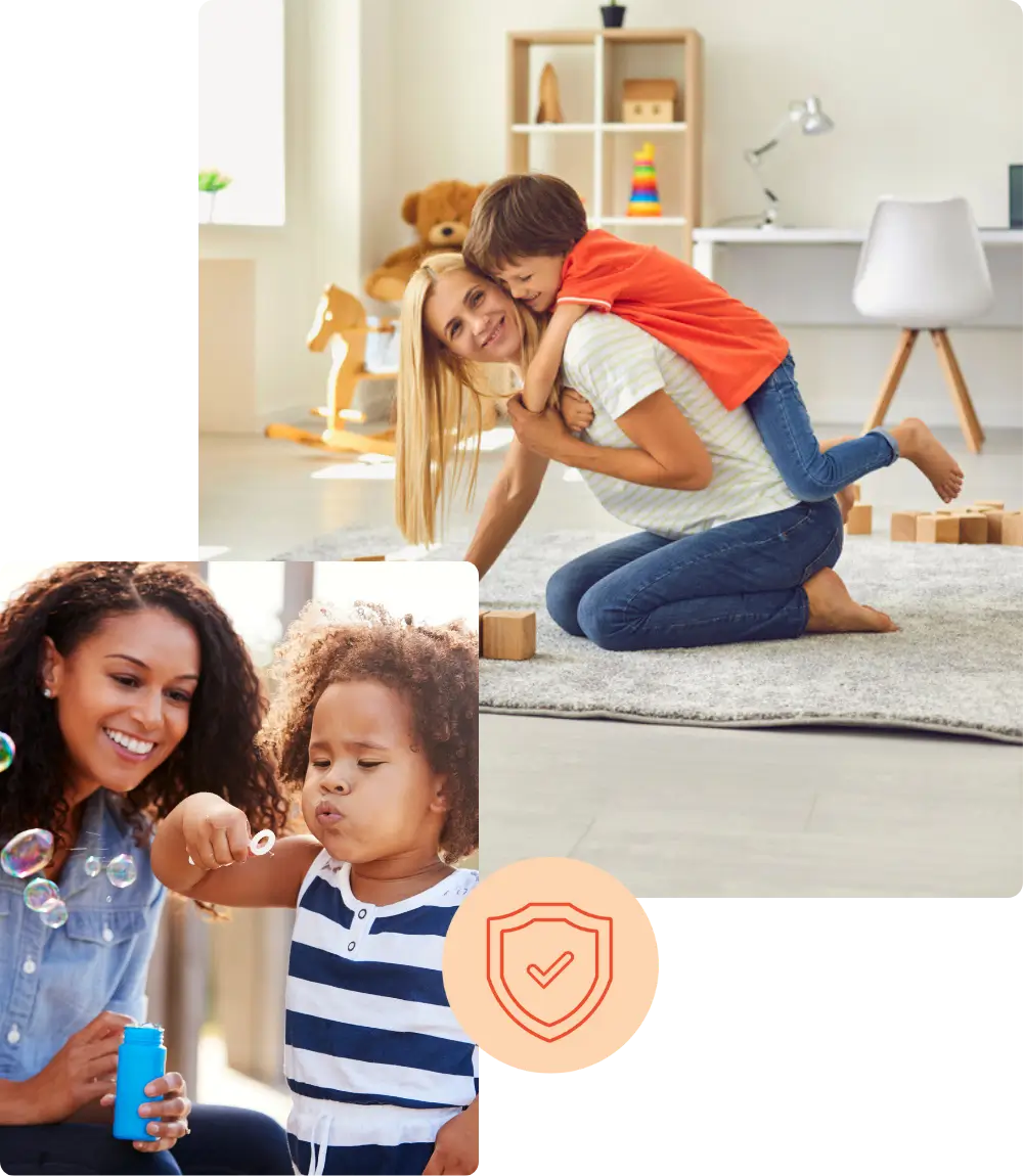Babysitters (3) A Babysitter sits on the floor with a child on her back in a playroom; another woman, possibly and child blow bubbles outdoors during a babysitting job; a shield icon is also visible.