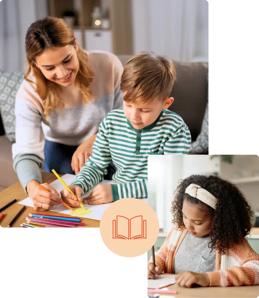 A tutor assisting a young boy with his homework at a living room coffee table, surrounded by colored pencils. Inset image shows a young black girl focused on her own homework, wearing a headband. Plus an open book icon.