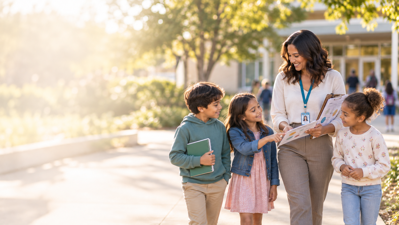 A teacher and three elementary school students enjoying a learning activity outside their school